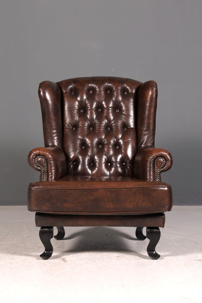 Wunderschöner Original Chesterfield Ohrenbackensessel Echt Leder Englisch Herrensessel Brauner Armlehnsessel UK Relaxsessel