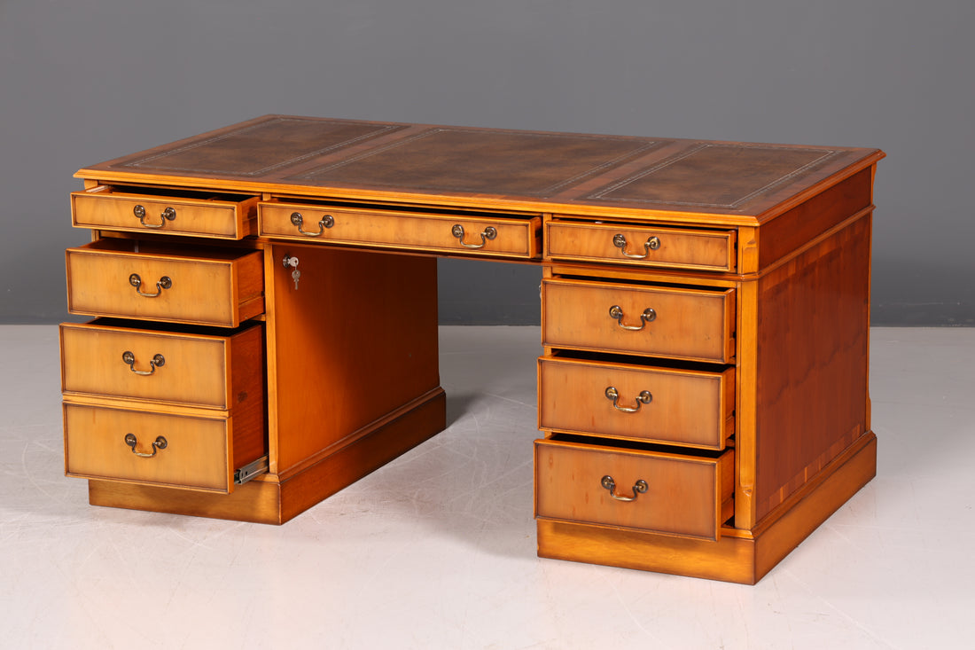 Beautiful English Yew Desk with Genuine Leather Top, Antique Style, Executive Desk, Office Desk, Desk, Partner Desk