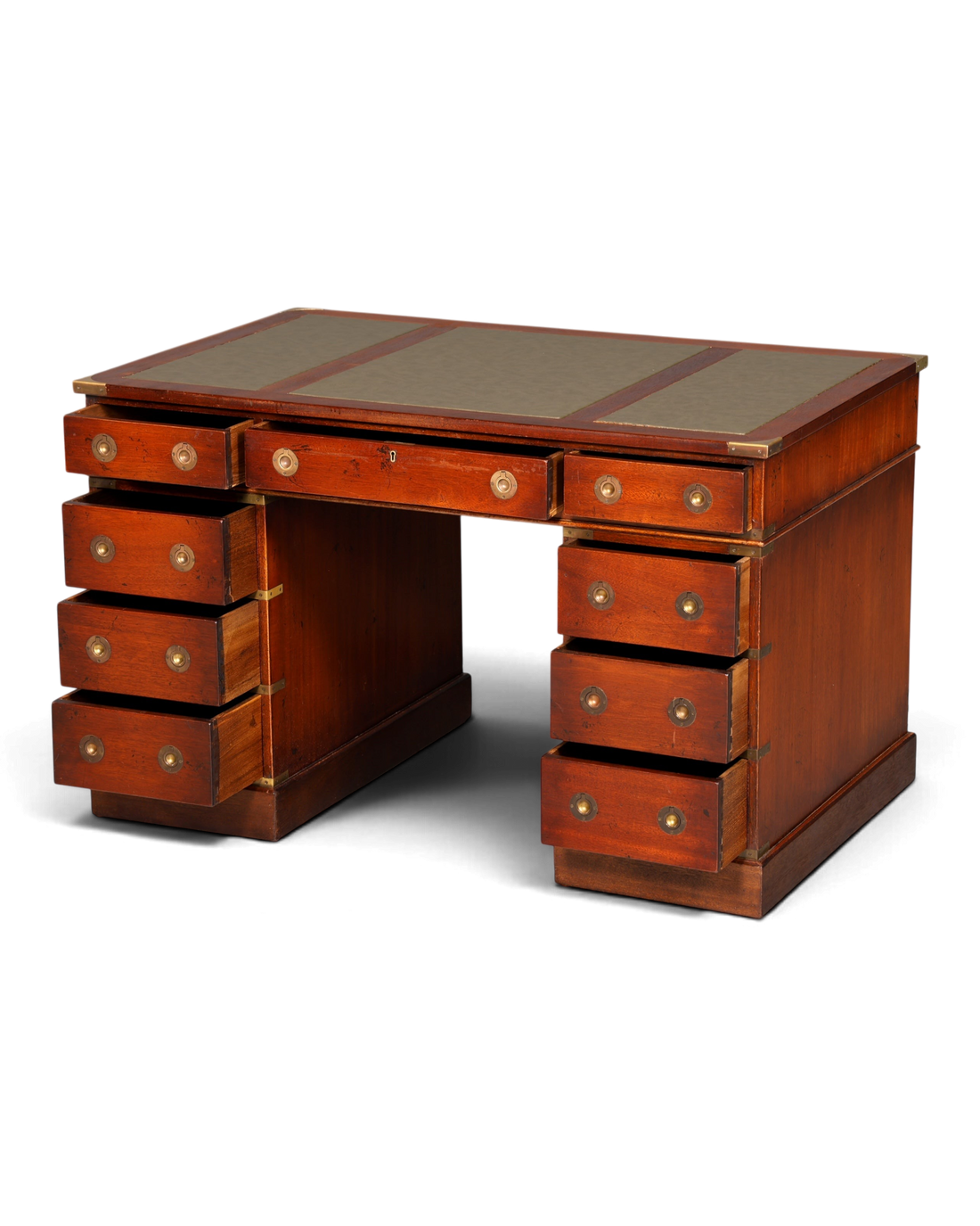 Hauptstadt Möblerei maritimer Schreibtisch aus Echtholz im Military-Chest-Stil mit Messing-Griffen und Lederauflage