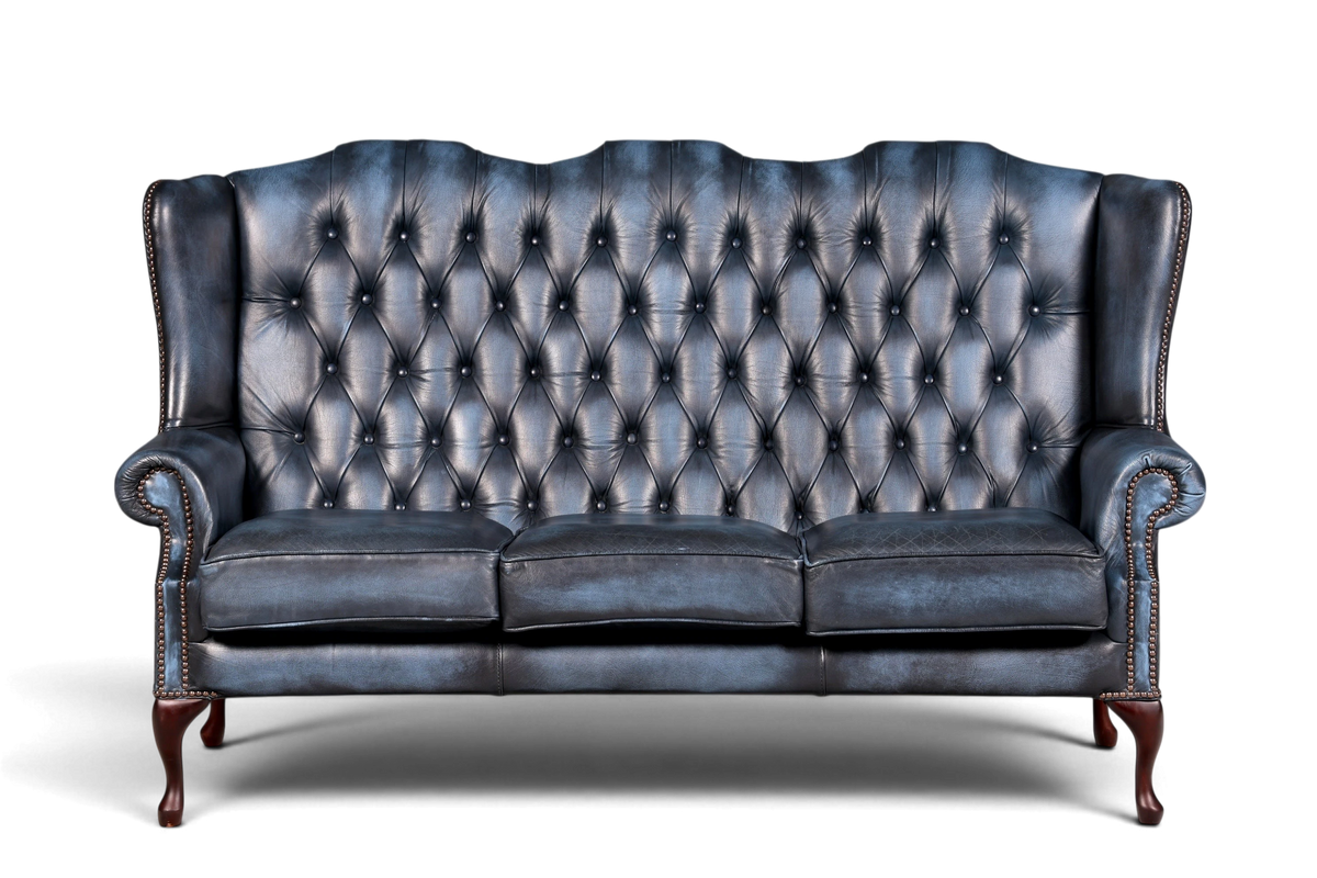 Hauptstadt Möblerei 3-Sitzer Chesterfield Sofa in Blau mit klassischer Knopfheftung und edlen Ziernägeln aus Echtleder