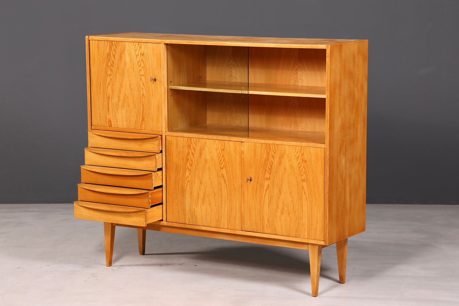 Magnifique vitrine originale Hellerau, modèle Mid-Century, Franz Ehrlich 602, commode et bibliothèque