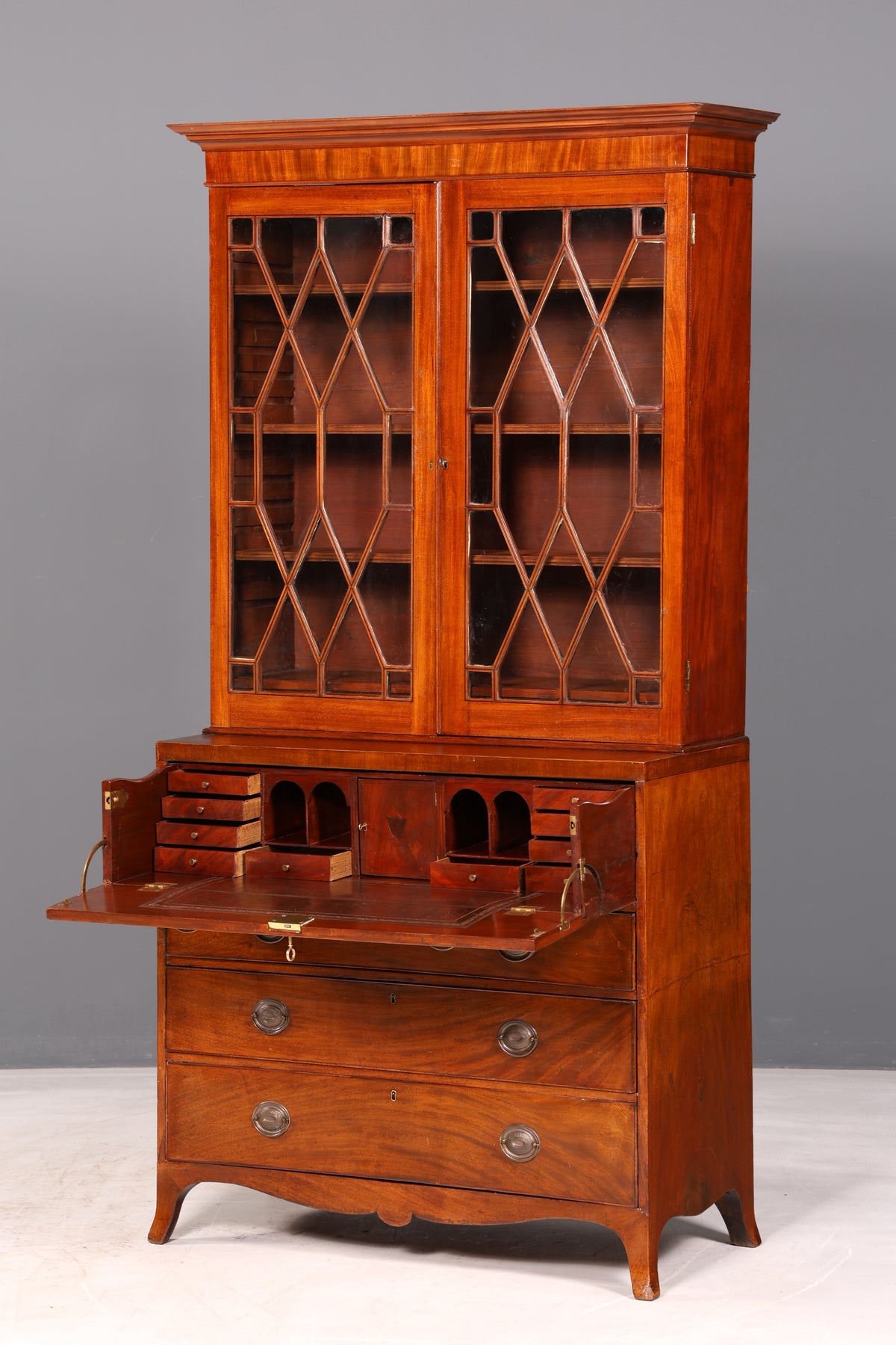 Magnifique secrétaire anglais à abattant avec partie supérieure, secrétaire ancien, bibliothèque vitrine en acajou, meuble de bureau, Royaume-Uni