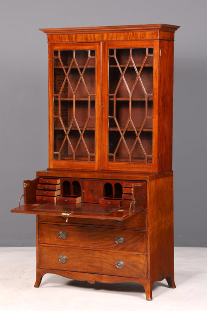 Magnifique secrétaire anglais à abattant avec partie supérieure, secrétaire ancien, bibliothèque vitrine en acajou, meuble de bureau, Royaume-Uni