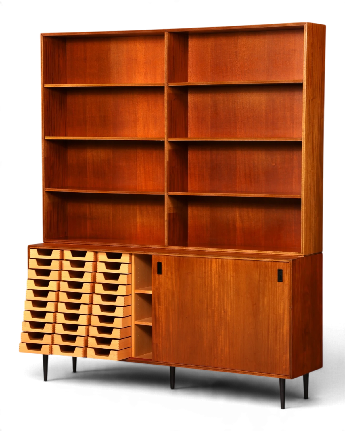 XXL Bibliothèque style Mid-Century, meuble danois avec portes coulissantes et tiroirs, étagère rétro vintage, meuble d’apothicaire, bibliothèque