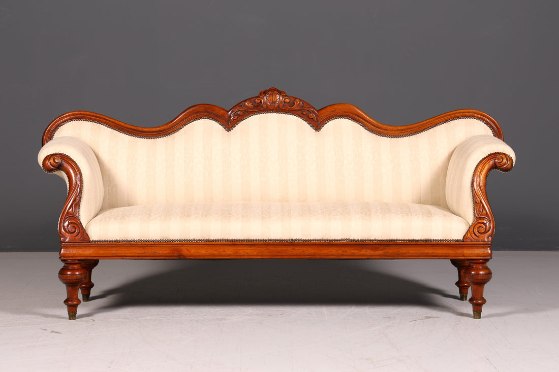 Beautiful Original Biedermeier Sofa Antique Louis Philippe Couch 3-seater Cream Striped Upholstered Sofa Récamier