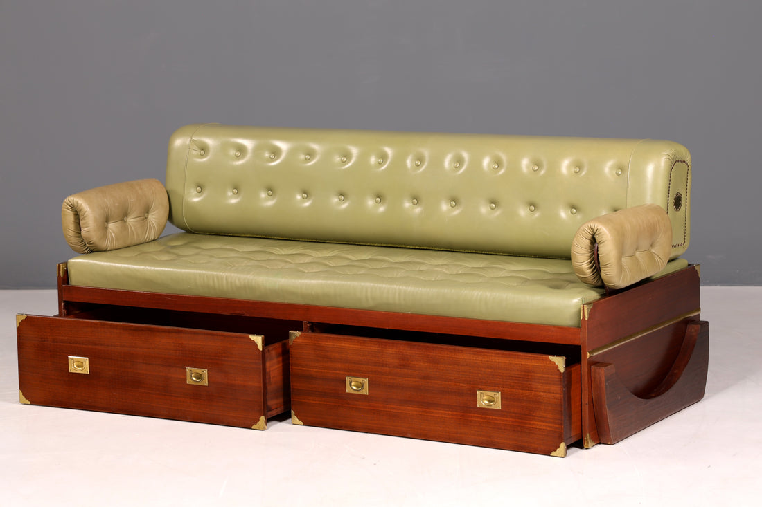 Seltenes Maritim Sofa Daybed Schlafcouch Englischer echt Leder Military Chest Bett Antik