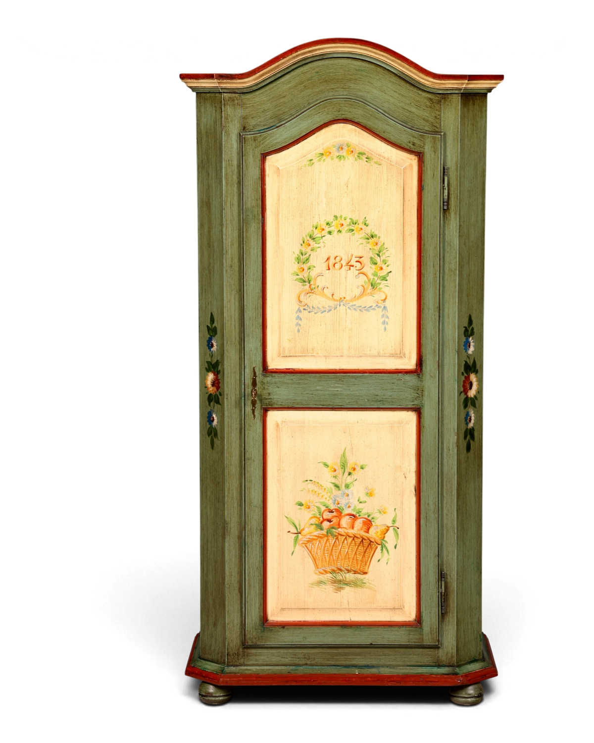 Hauptstadt Möblerei antiker Bauernschrank in Grün mit handgemalten Blumenmotiven und Jahreszahl 1845