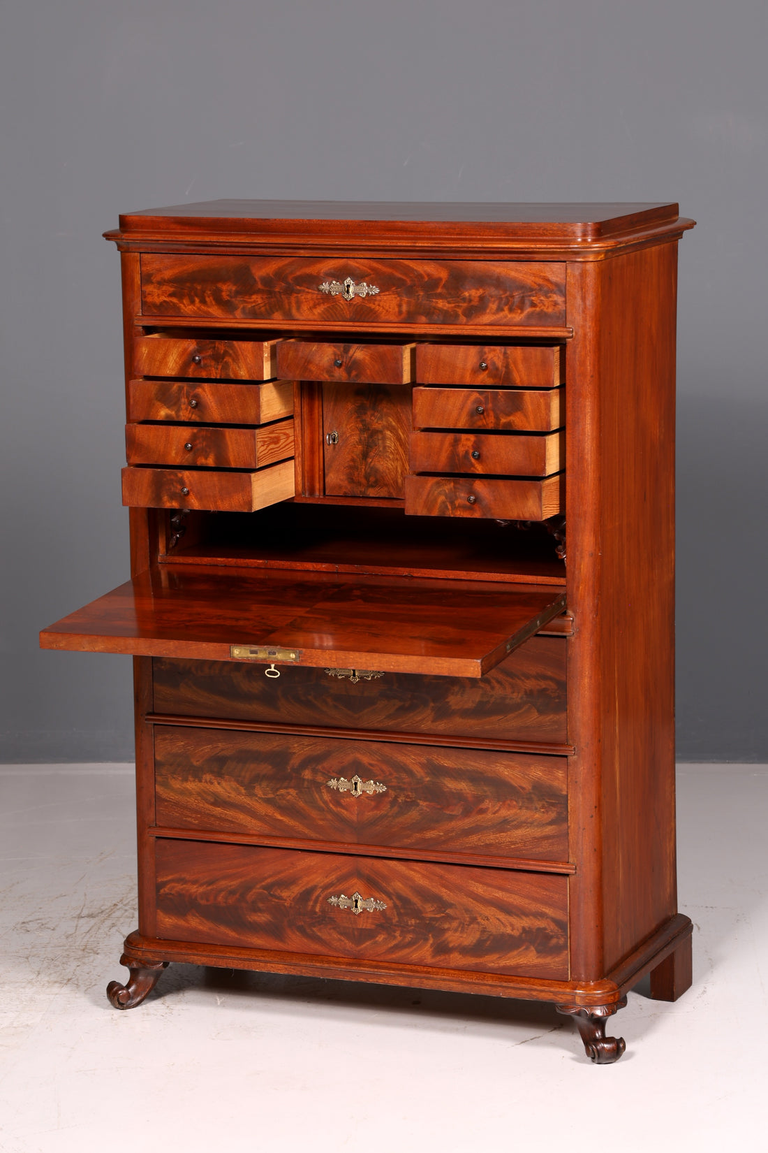 Magnifique secrétaire Louis-Philippe, meuble vertical, commode de style Gründerzeit à tiroirs, chiffonnier ancien
