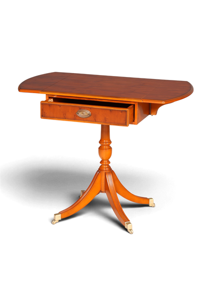 Hauptstadt Möblerei Heldense Beistelltisch aus Eibenholz mit klappbarer Platte, Schublade und Rollen im Vintage-Stil