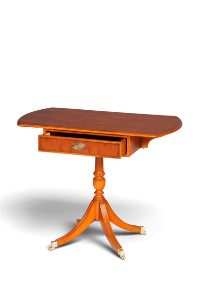 Hauptstadt Möblerei Heldense Beistelltisch aus Eibenholz mit klappbarer Platte, Schublade und Rollen im Vintage-Stil