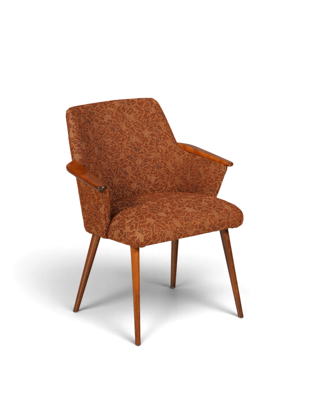 Hauptstadt Möblerei kahverengi dokulu kumaş kaplamalı, ahşap kollu ve konik ayaklı şık Mid Century retro koltuk