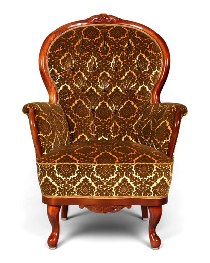 Hauptstadt Möblerei Chippendale Armlehnsessel im Barock Stil mit braunem Samtstoff und kunstvollen Holzschnitzereien
