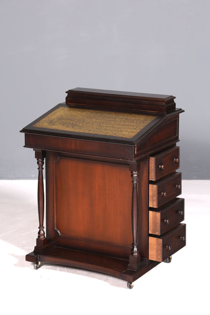 Magnifique bureau anglais Davenport, secrétaire avec plateau en cuir et commode.