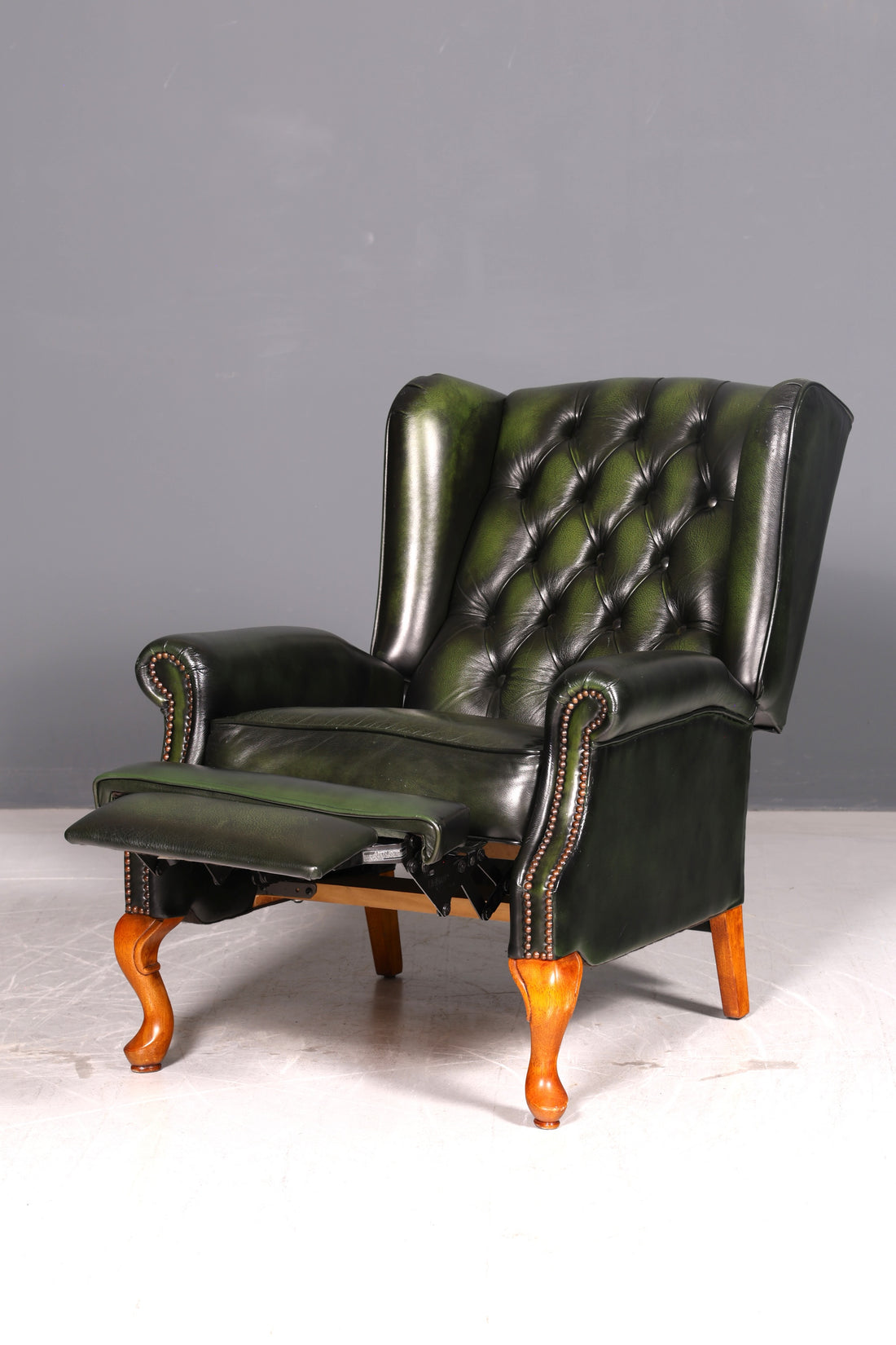 Original Chesterfield Queen Anne wingback chair green English leather gentleman&