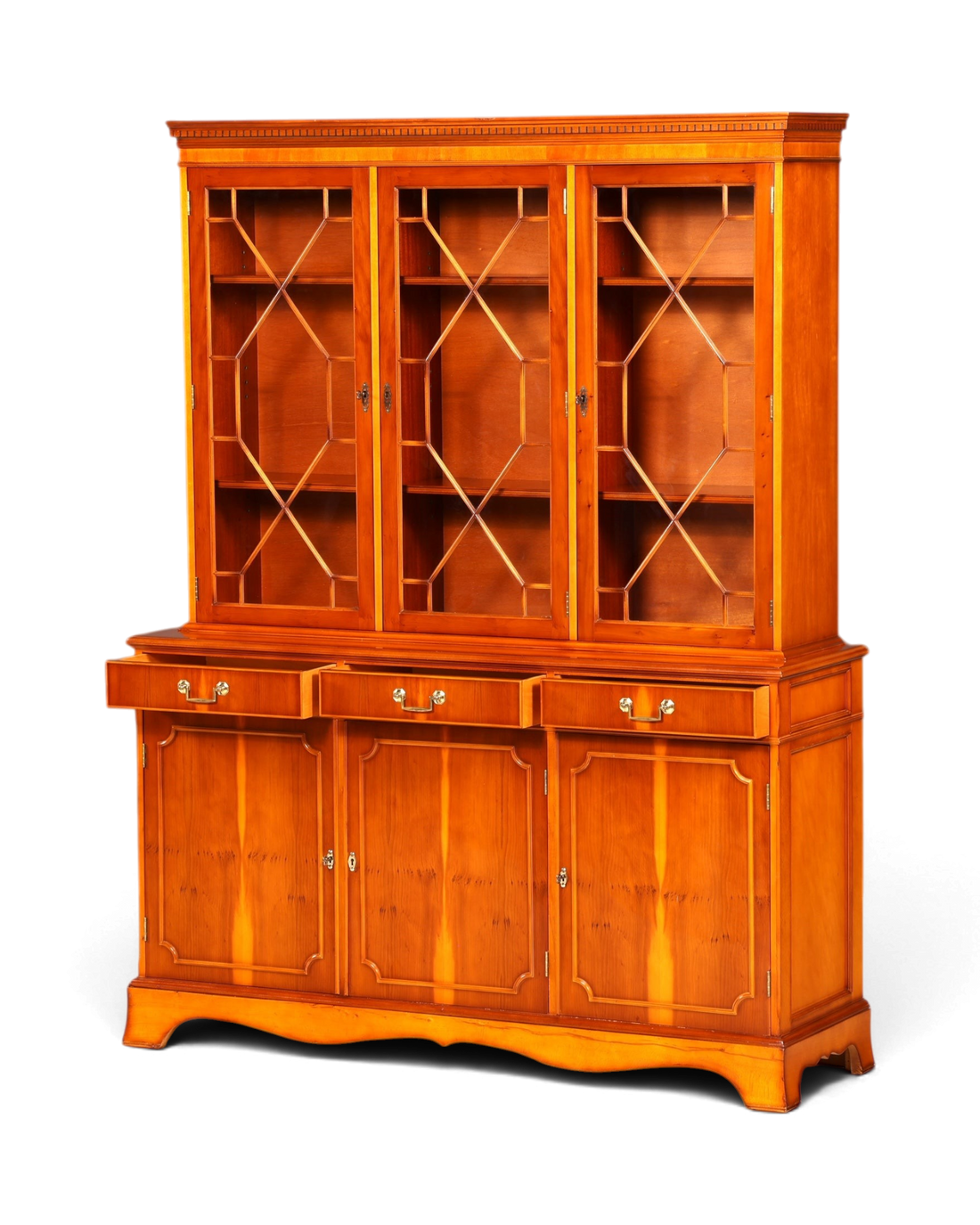 Hauptstadt Möblerei englische Vitrine aus Eibenholz mit Glasfront, Messingbeschlägen und Stauraum im Buffet-Unterteil