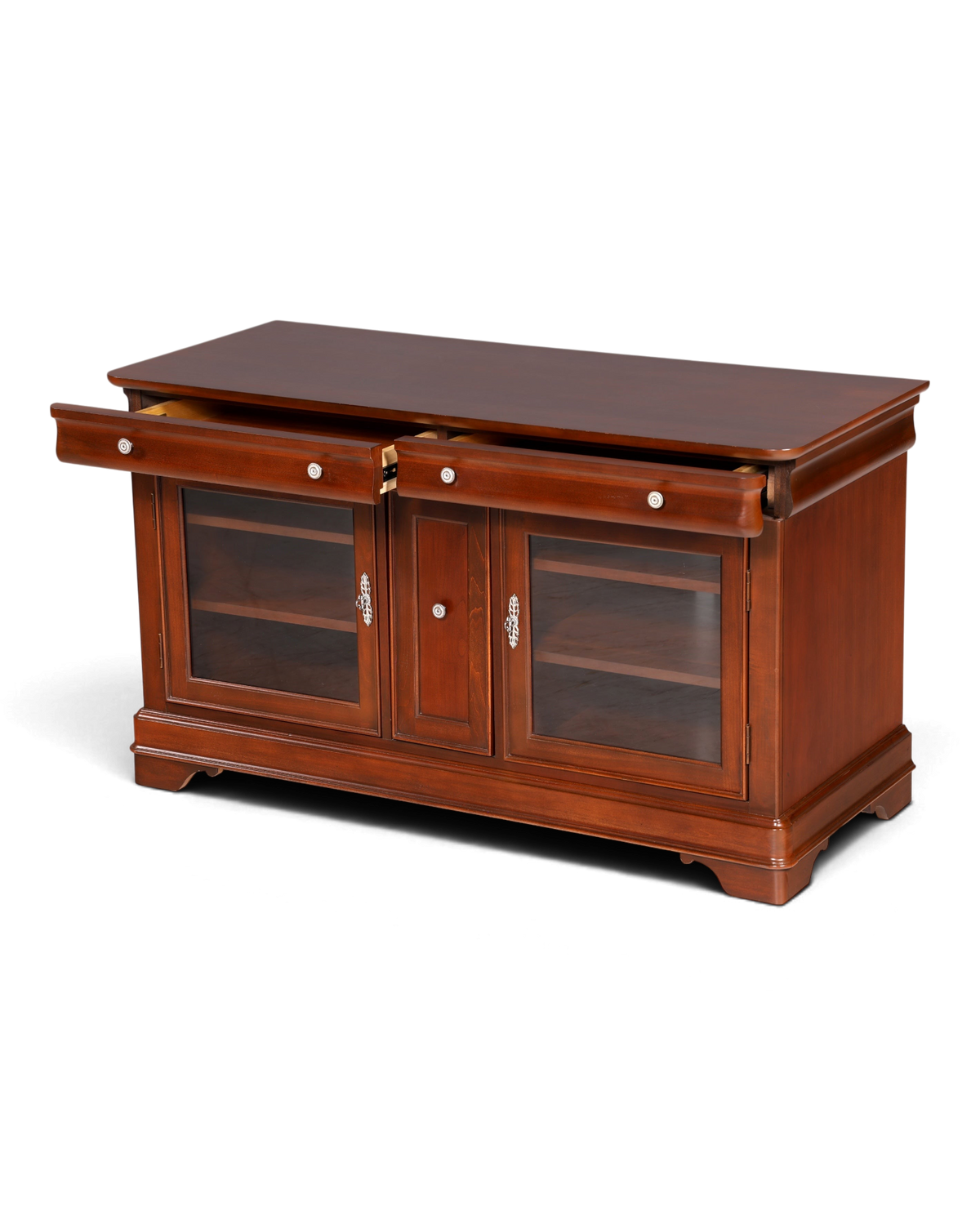 Hauptstadt Möblerei Sideboard in dunklem Holz mit zwei Schubladen und zwei verglasten Schranktüren im klassischen Stil
