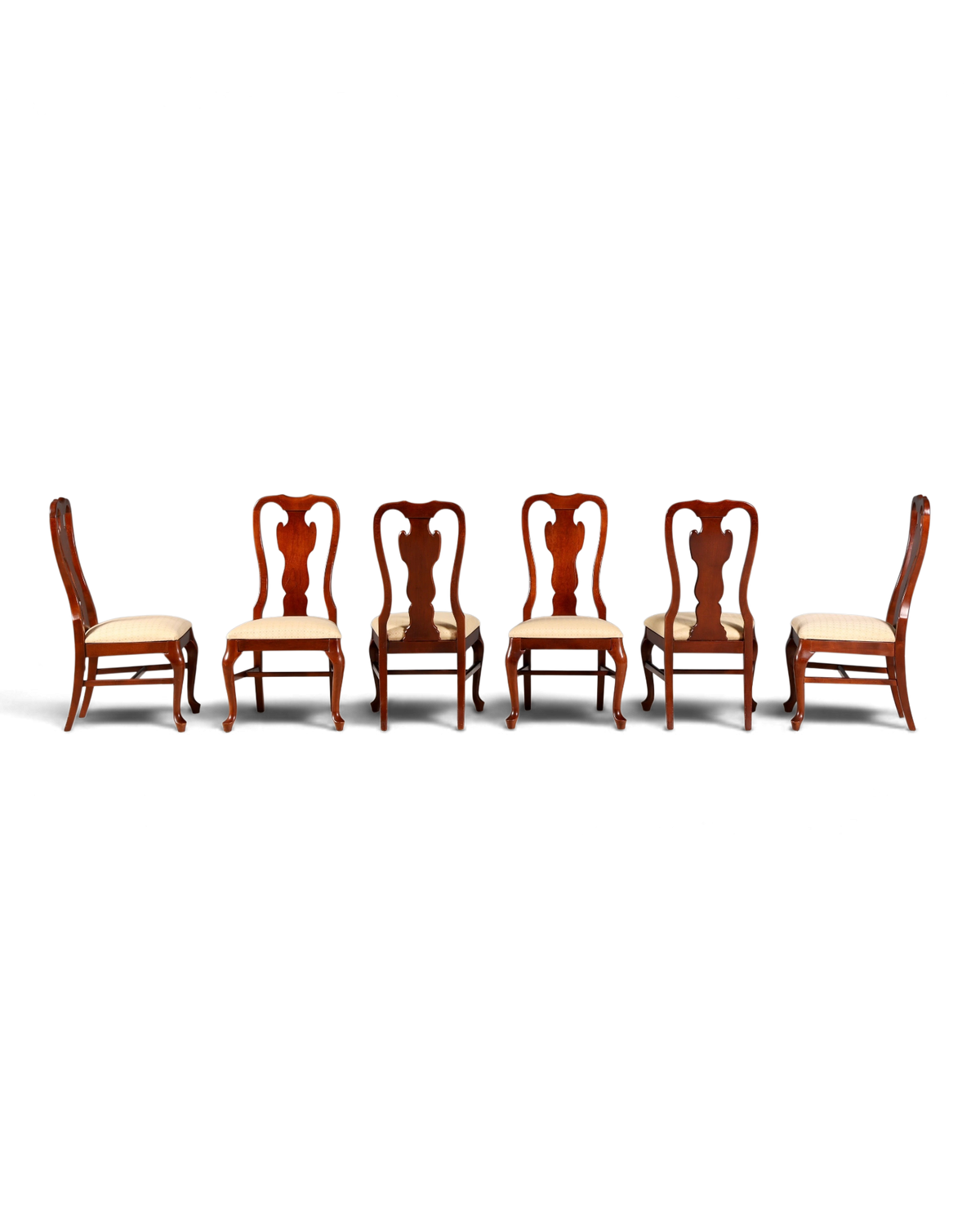 Hauptstadt Möblerei Set aus sechs Drexel Heritage Chippendale Stühlen aus Holz mit beigem Polster