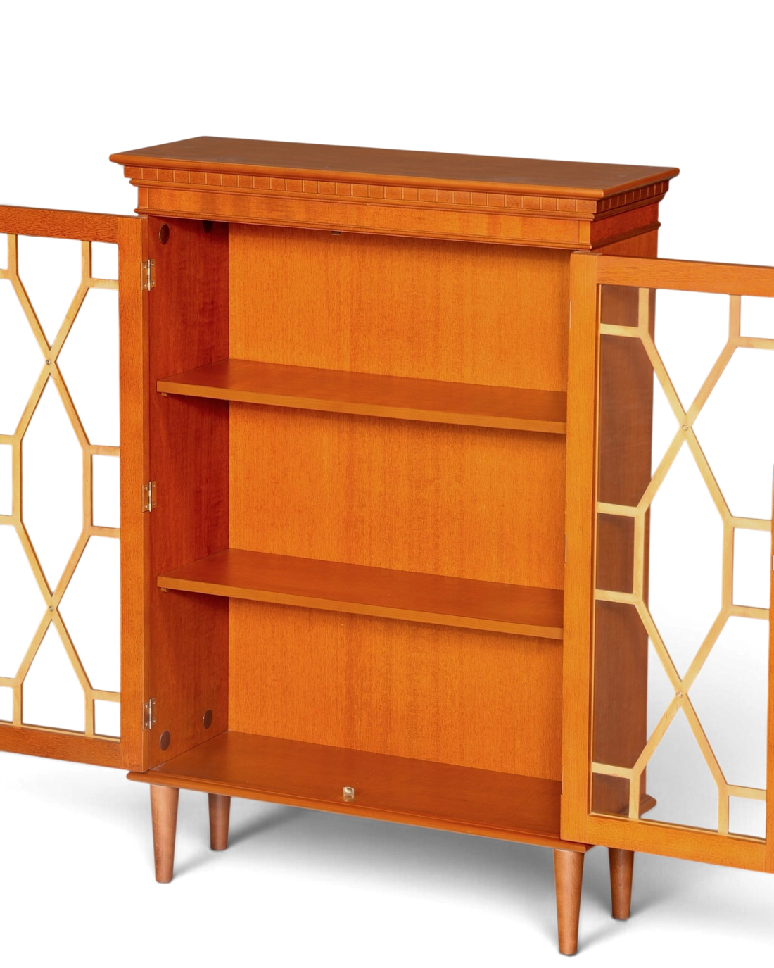 Hauptstadt Möblerei englische Vitrine aus Eibenholz mit verglasten Türen und höhenverstellbaren Regalböden im 60er Stil