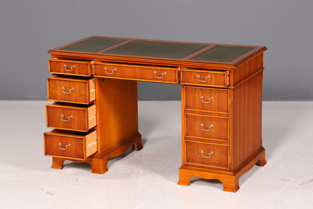 Beautiful English Desk Yew Genuine Leather Top Antique Style Office Desk Executive Desk