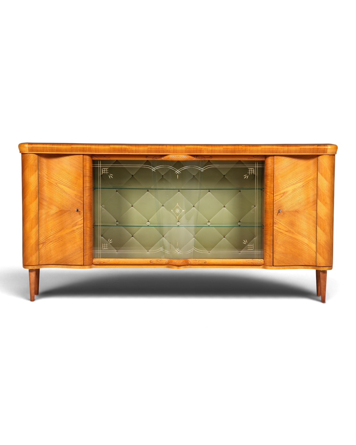 Hauptstadt Möblerei Anrichte aus Holz mit verglaster Vitrine und grünem Rautenmuster im Mid-Century-Stil