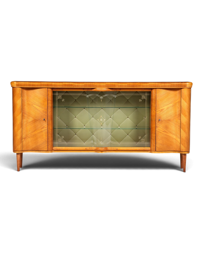 Hauptstadt Möblerei Anrichte aus Holz mit verglaster Vitrine und grünem Rautenmuster im Mid-Century-Stil