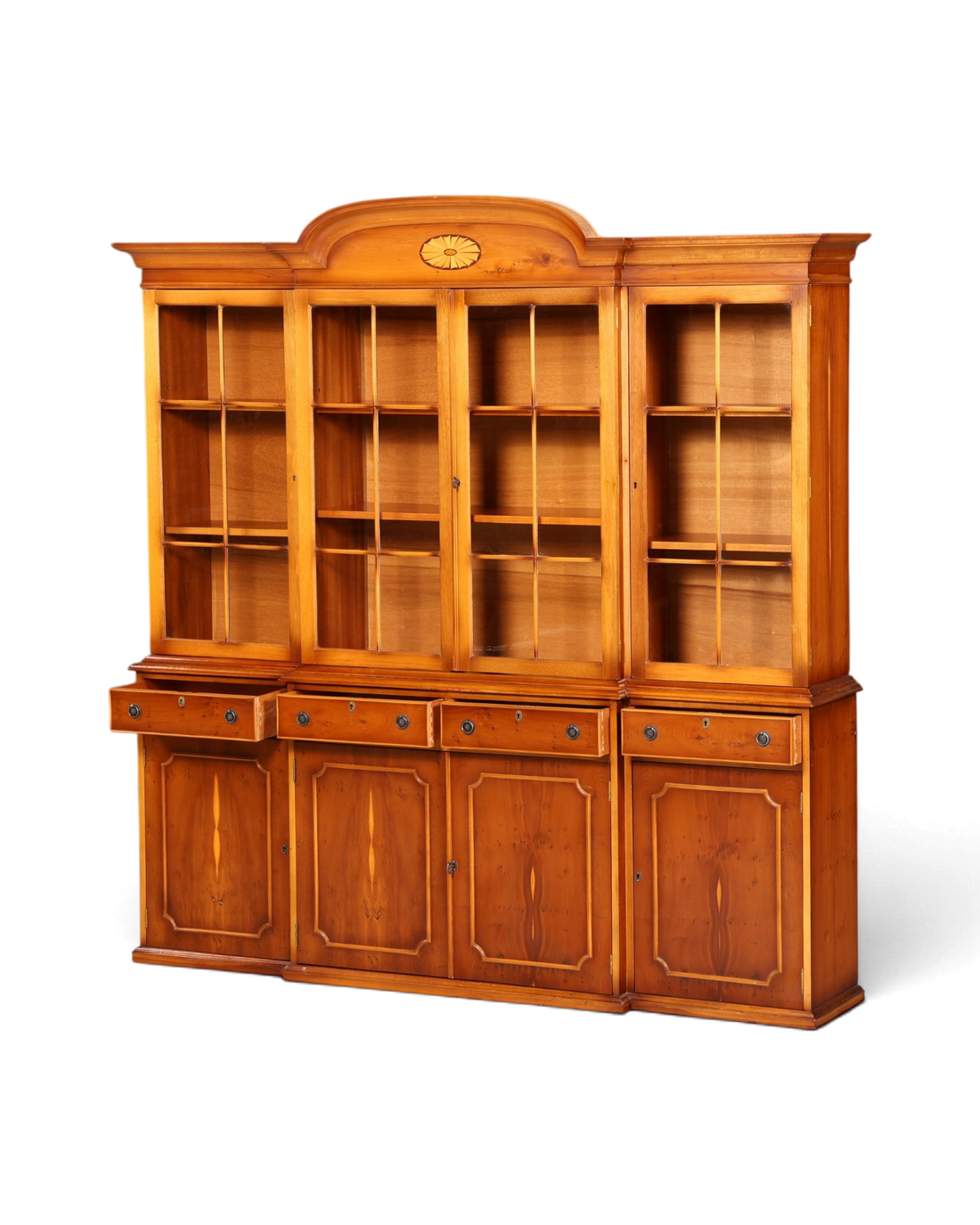 Hauptstadt Möblerei englische Vitrine aus Eibenholz mit Glasfronten, Schubladen und dekorativem Intarsienmedaillon