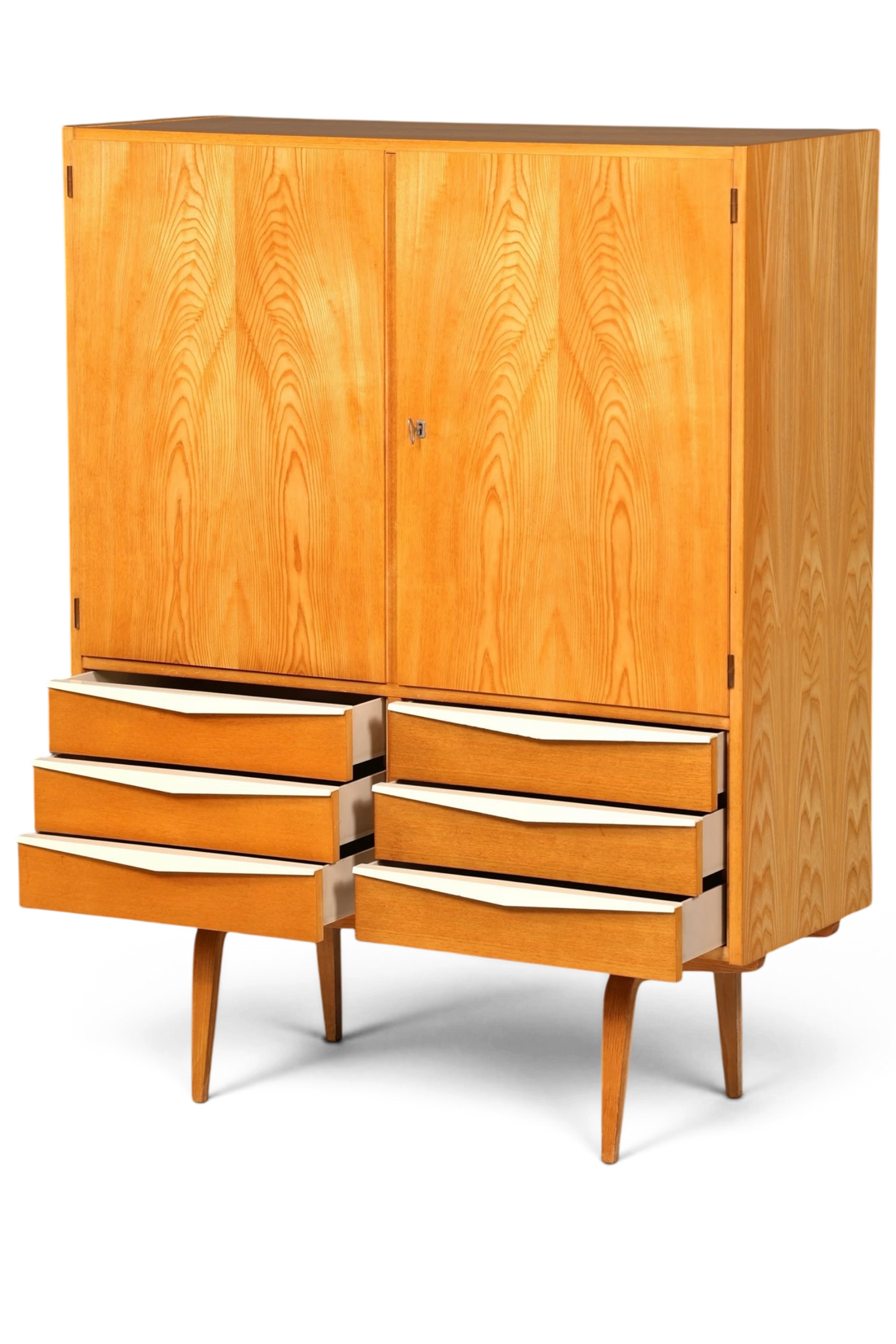 Hauptstadt Möblerei Hellerau Schrank Modell 427 aus Eschenholz im Mid-Century-Design mit Schubladen und Türen