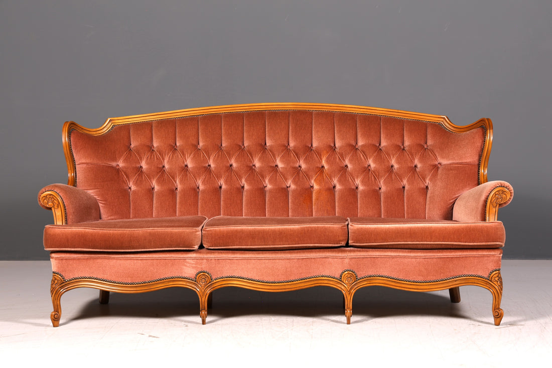 Elegant Chippendale Sofa Baroque Style Velvet Fabric Couch 3-Seater Rococo Antique Upholstered Sofa