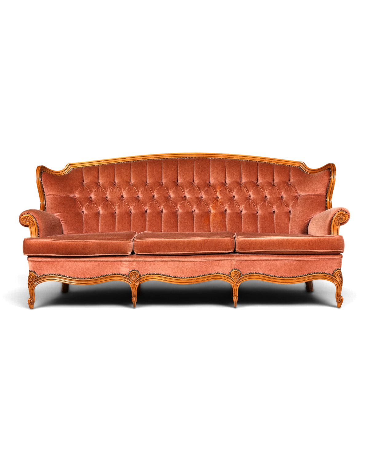 Hauptstadt Möblerei 3-Sitzer Chippendale Sofa im Barock-Stil mit antikem Samtbezug und geschwungenen Holzdetails