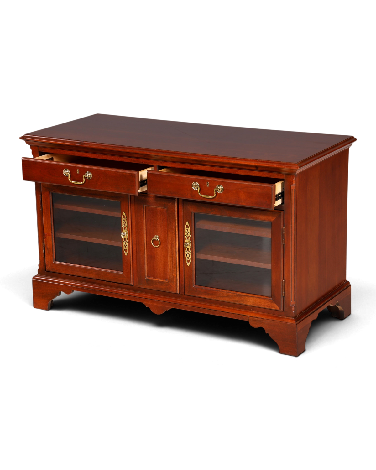 Hauptstadt Möblerei H867 Sideboard aus dunklem Holz mit zwei Schubladen, Glastüren und verzierten Messinggriffen