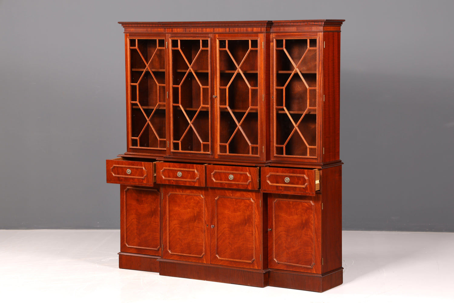 Impressionnante vitrine anglaise, bibliothèque, armoire à livres, vitrine en verre, buffet, armoire en bois véritable, antique et vintage