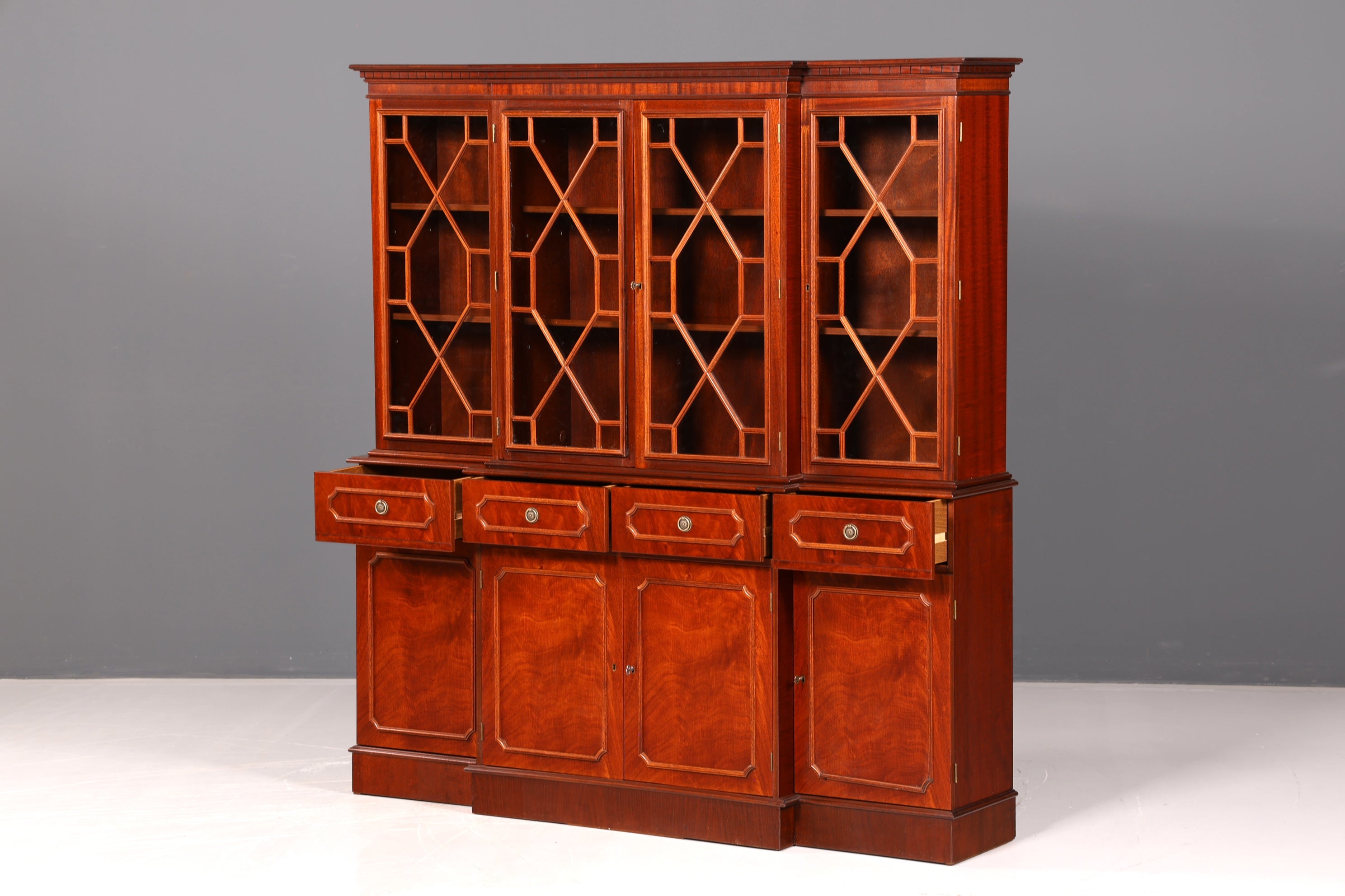 Impressionnante vitrine anglaise, bibliothèque, armoire à livres, vitrine en verre, buffet, armoire en bois véritable, antique et vintage
