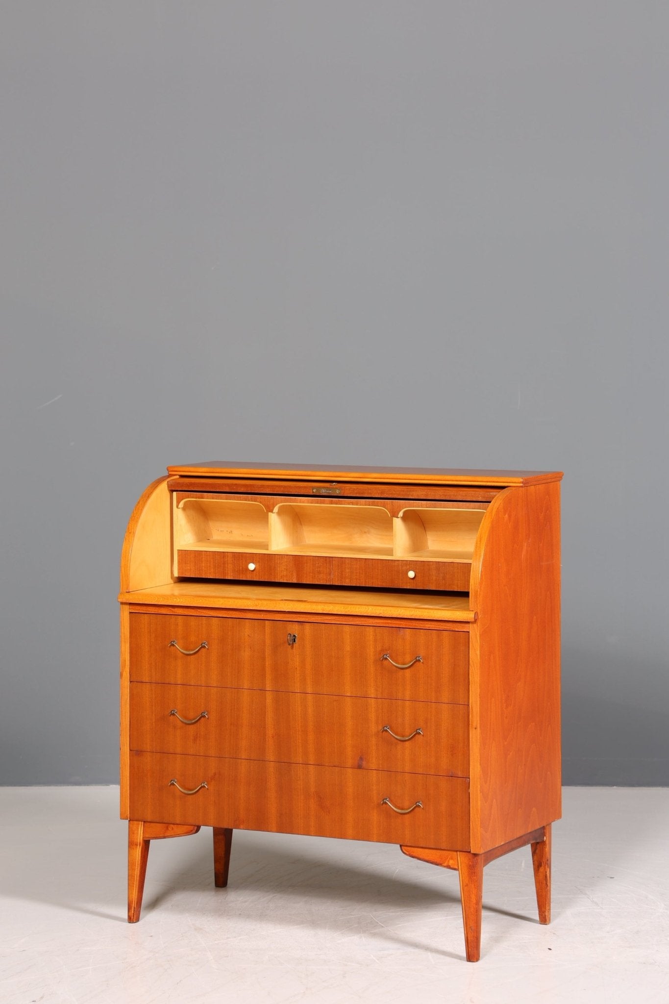 Schlichter Mid Century Rollladen Sekretär echt Holz Büro Schrank Vintage Schreibkommode