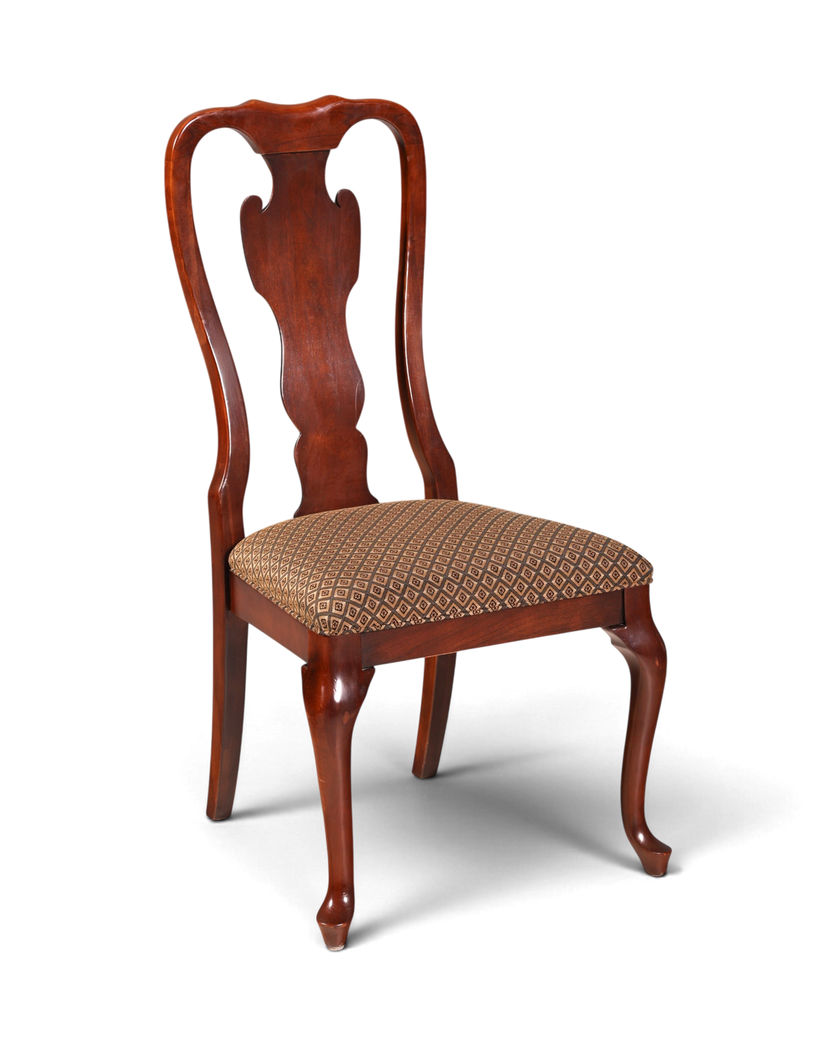 Hauptstadt Möblerei Drexel Heritage Chippendale Stuhl aus dunklem Holz mit gemustertem Stoffpolster