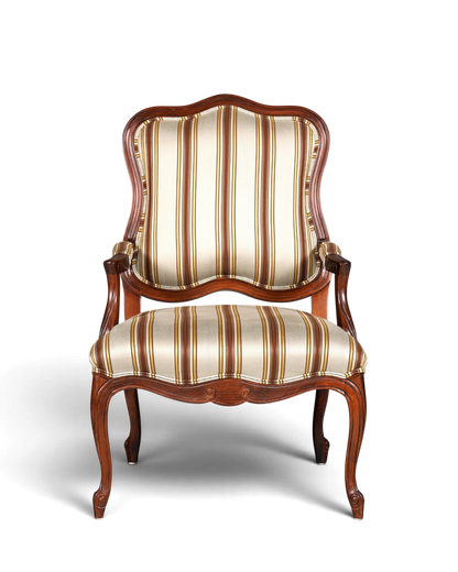Hauptstadt Möblerei Drexel Heritage Monica Chair Armlehnsessel mit gestreiftem Stoffbezug und dunklem Holzrahmen