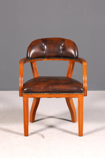 Wunderschöner Chesterfield Armlehnstuhl Braun Echt Leder Englisch Bürostuhl Schreibtischstuhl Sekretär Stuhl Court Chair 2 von 4