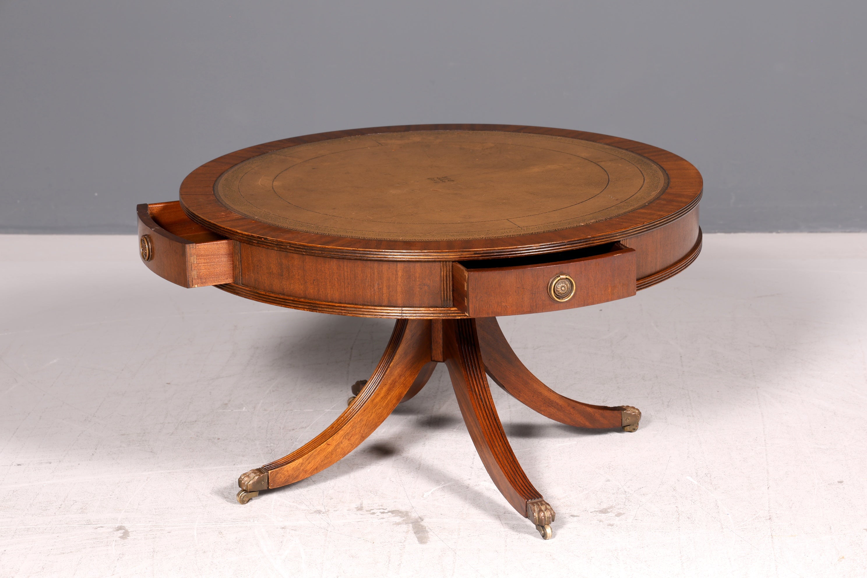 Wunderschöner Englischer Trommeltisch Couchtisch Mahagoni Regency Echt Lederauflage Drum Table Beistelltisch Antik Vintage