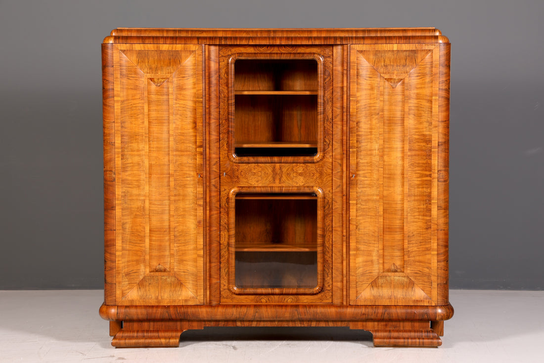 Beeindruckende Original Art Deco Vitrine Nussbaum Bücherschrank Glasvitrine Schrank Antik Massivholz Vintage