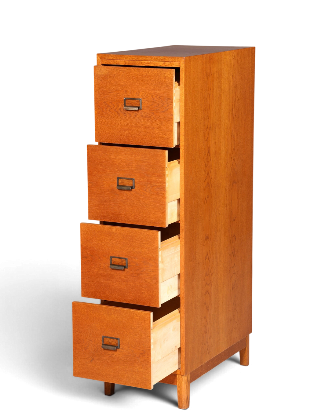 Hauptstadt Möblerei Mid Century Aktenschrank aus massivem Holz mit vier Schubladen im Bauhaus-Stil