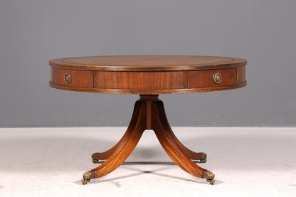 Wunderschöner Englischer Trommeltisch Couchtisch Mahagoni Regency Echt Lederauflage Drum Table Beistelltisch Antik Vintage