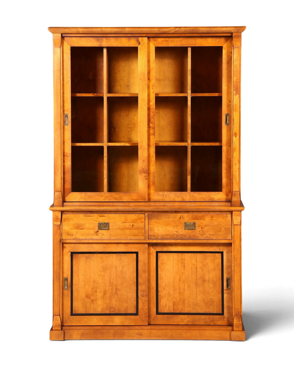 Hauptstadt Möblerei H804 Vitrinenschrank aus massivem Holz mit Glasfronten und Schubladen im rustikalen Design