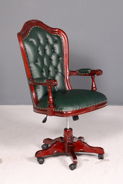 Edler Chesterfield Chefsessel Bürostuhl Grün Mahagoni Schreibtischstuhl Drehstuhl Englisch Vintage