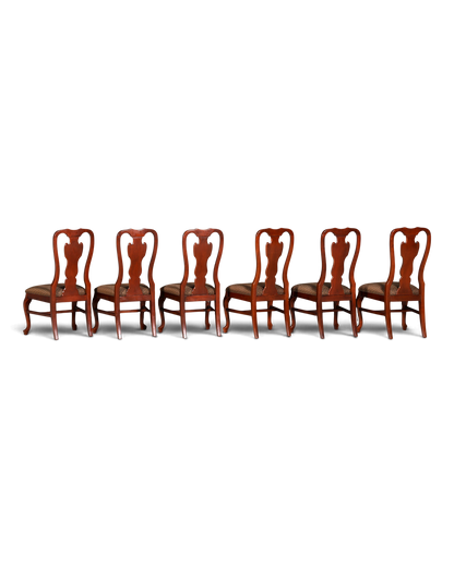 Hauptstadt Möblerei Set aus sechs Drexel Heritage Chippendale Stühlen aus Holz mit gemustertem Polster
