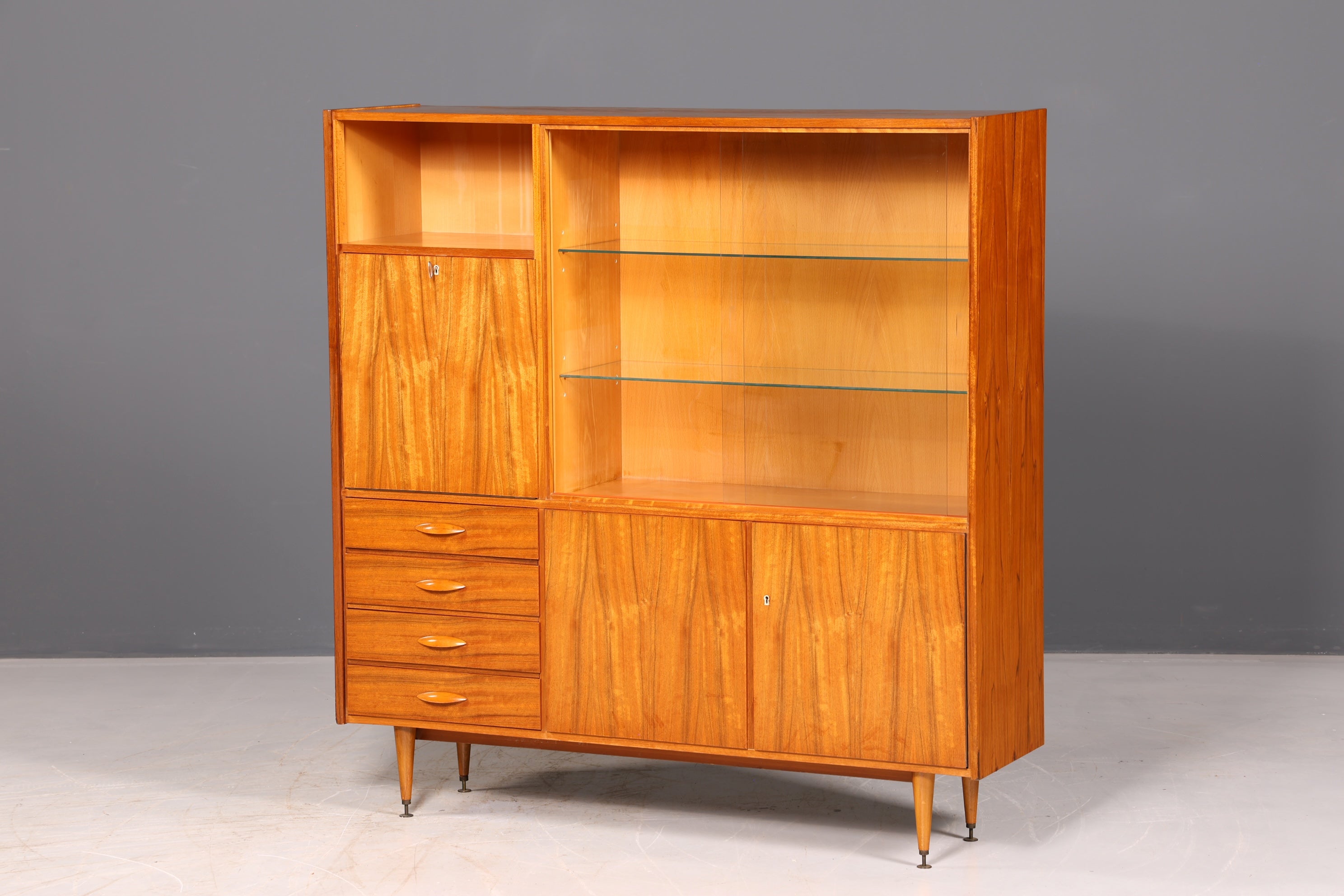 Wunderschöner Mid Century Schrank Vintage Highboard Vitrine Bücherschrank Wohnzimmerschrank Barschrank echt Holz 60er