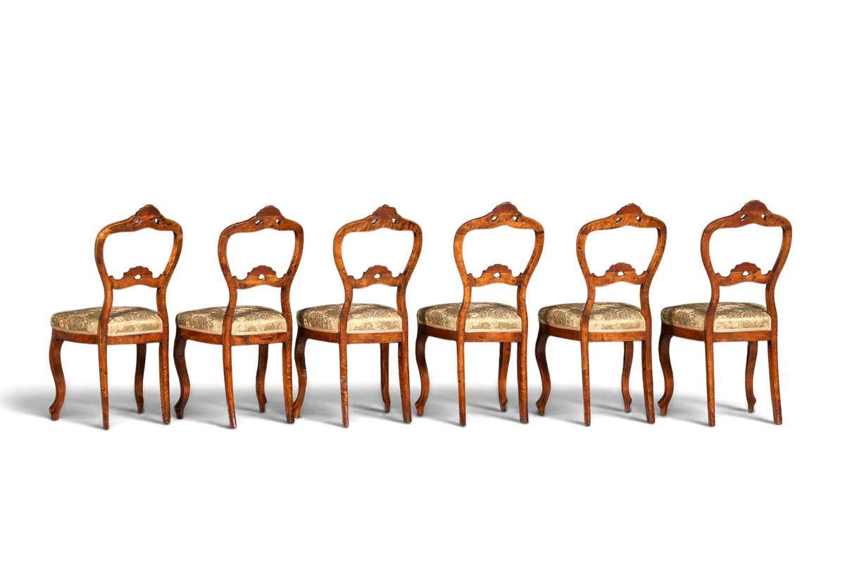 Hauptstadt Möblerei 6er-Set antike Louis Philippe Stühle aus Holz mit gemustertem Polster im Biedermeier Stil