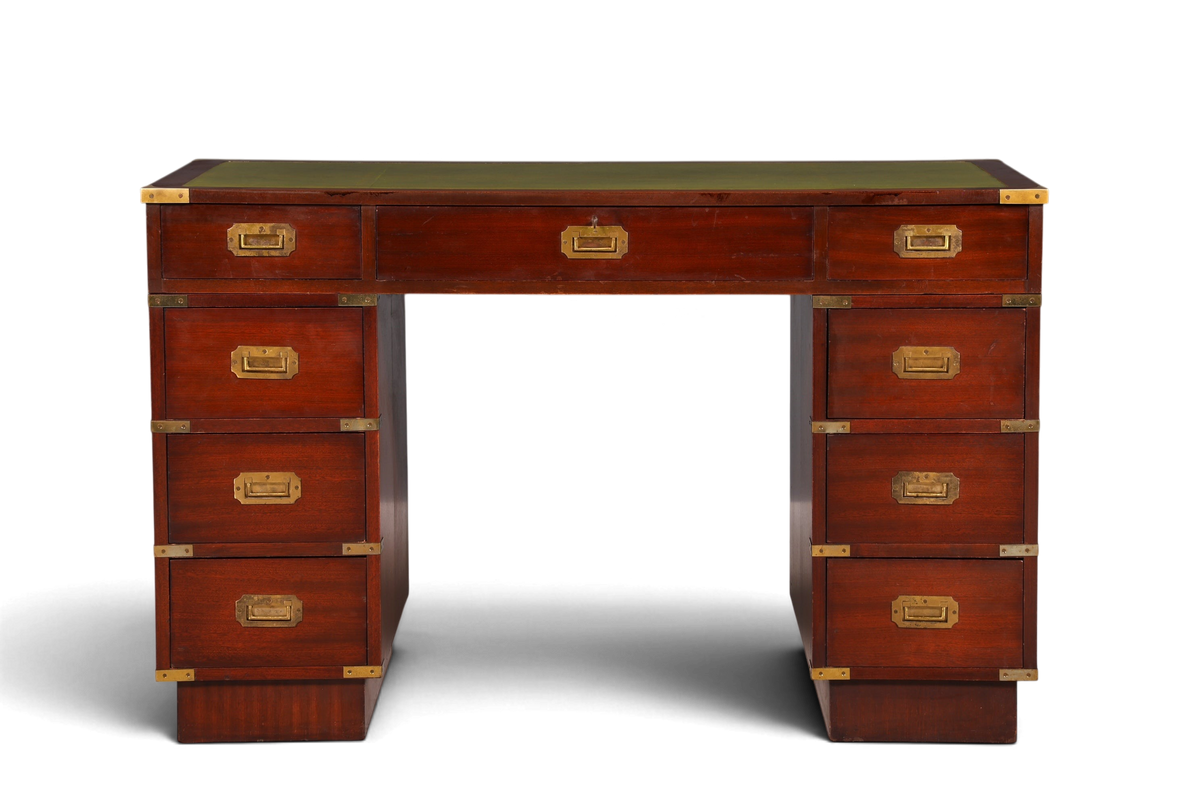 Edler Maritimer Schreibtisch Englischer Military Bürotisch Office Table mit echt Lederauflage