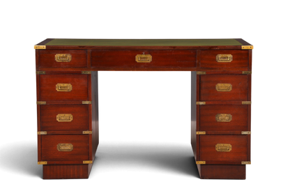 Edler Maritimer Schreibtisch Englischer Military Bürotisch Office Table mit echt Lederauflage