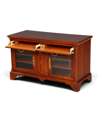 Hauptstadt Möblerei H867 Finish Sideboard aus dunklem Holz mit zwei Glastüren, Schubladen und goldenen Beschlägen