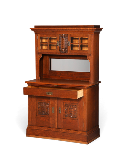 Hauptstadt Möblerei antikes Jugendstil Buffet aus Eiche mit Schnitzereien, Vitrinenaufsatz, Spiegel und Schublade