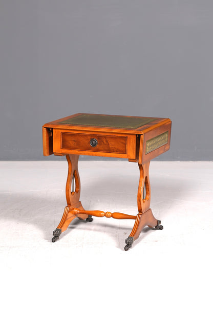 Edler Englischer Klapptisch Beistelltisch Eibe Echt Lederauflage Antik Ablagetisch Vintage Rolltisch Wohnzimmer
